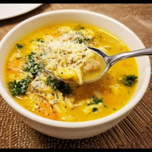 A bowl of Italian Penicillin Soup filled with fresh ingredients and herbs.