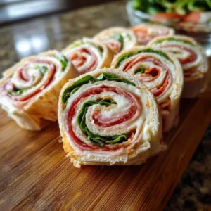 Plate of Italian Pinwheel Sandwiches filled with fresh ingredients and herbs