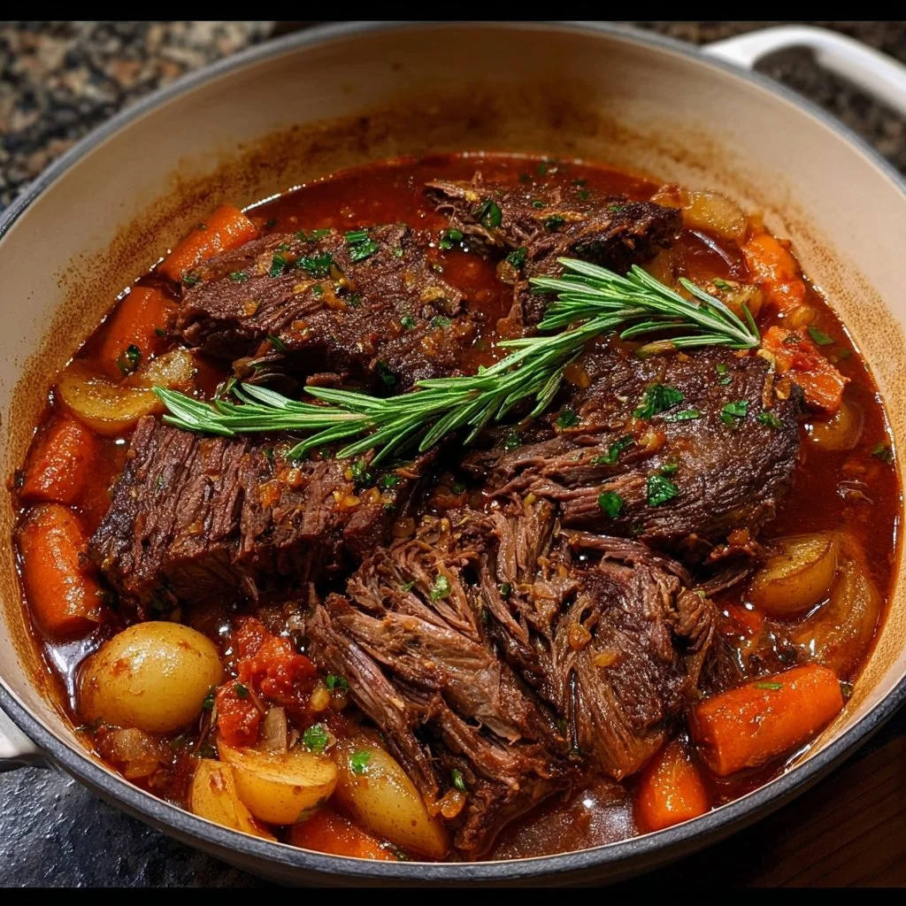 Delicious Italian pot roast with herbs and vegetables in a rustic setting