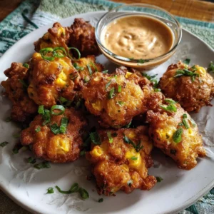 Jalapeño Cheddar Corn Fritters served with Chipotle Aioli on a plate