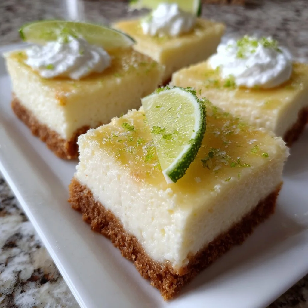 Delicious Key Lime Pie Bars topped with whipped cream and lime zest.
