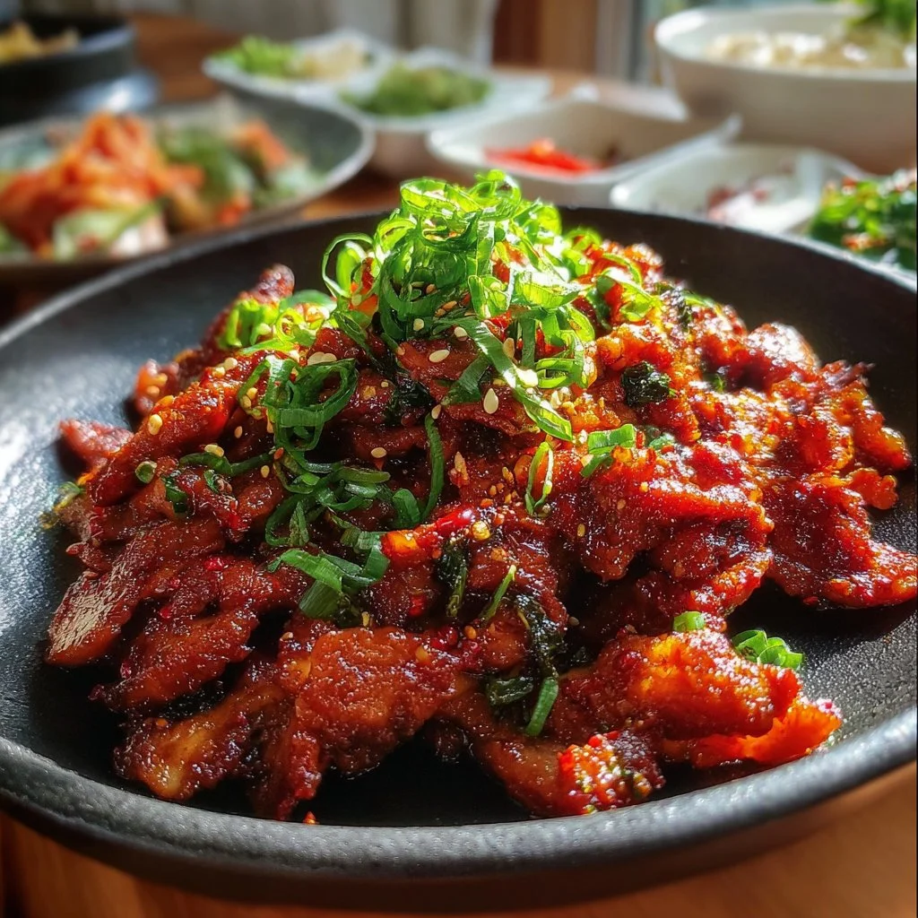 Delicious Korean spicy pork bulgogi served with vegetables and rice