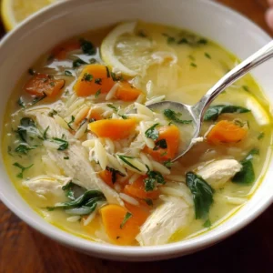Bowl of lemon chicken soup with orzo garnished with herbs