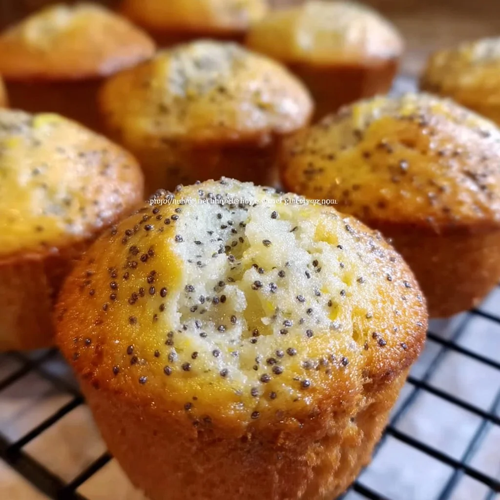 Freshly baked lemon poppyseed muffins on a cooling rack