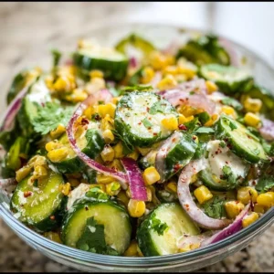 Bowl of Mexican cucumber corn salad with fresh vegetables and spices