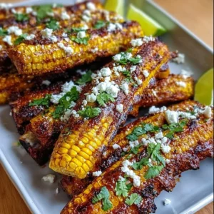 Delicious Mexican street corn ribs garnished with cilantro and lime