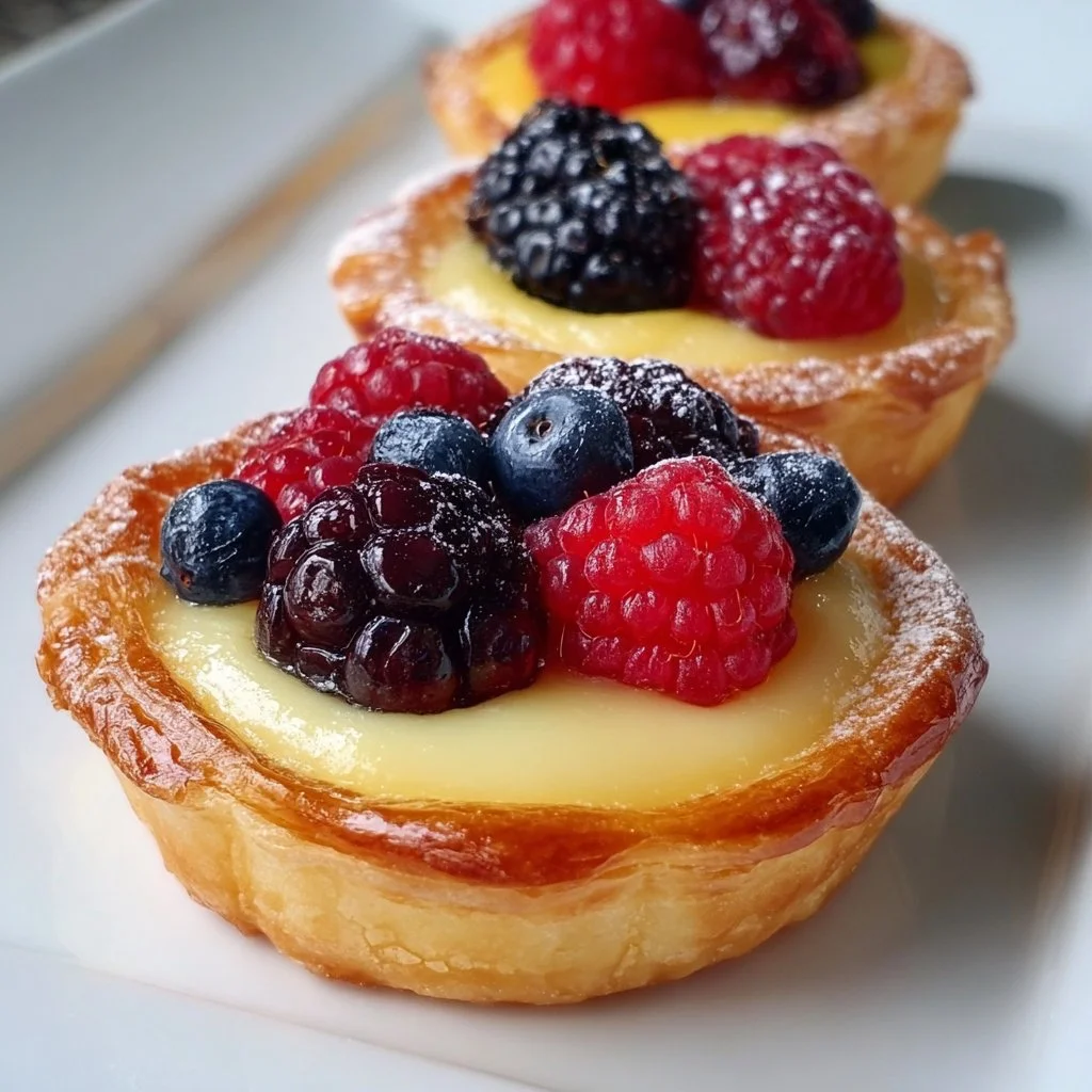 Mini berry custard tartlets topped with fresh berries and creamy custard.
