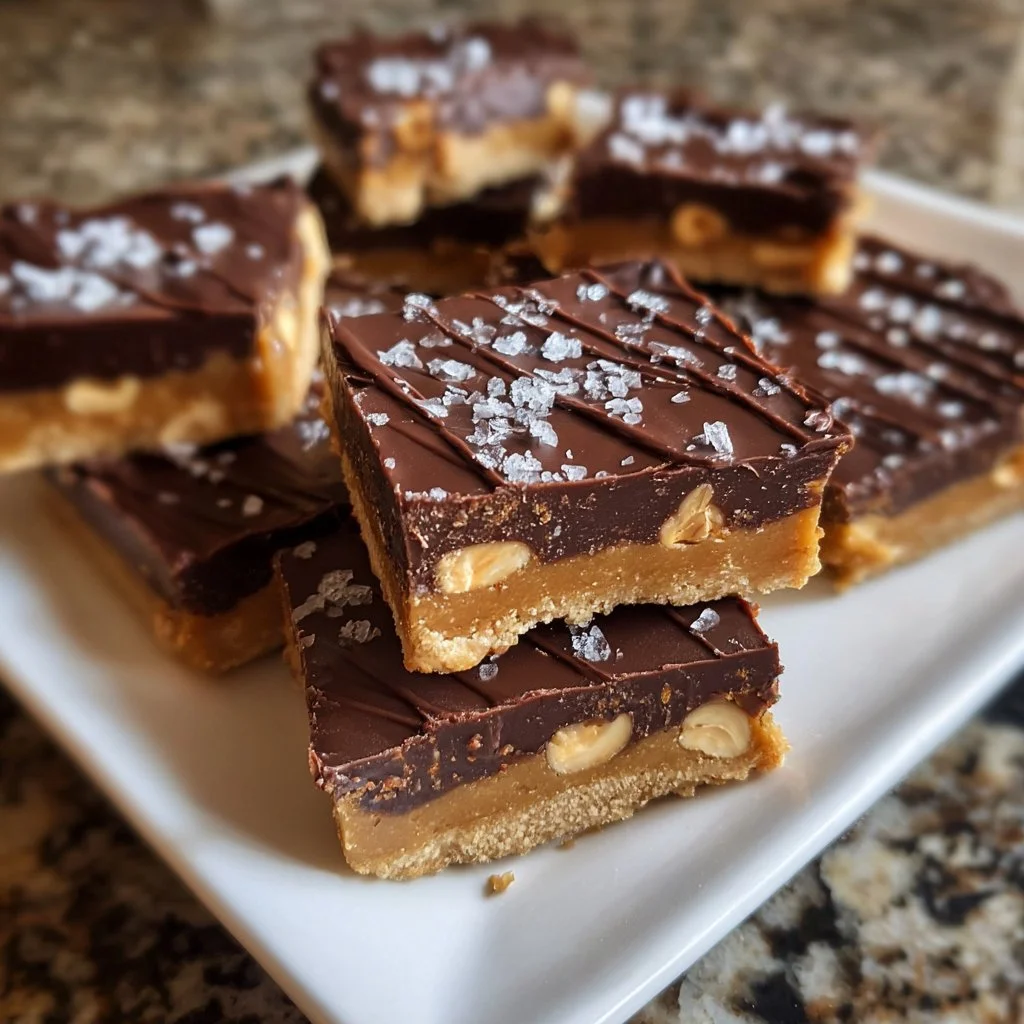 No-bake chocolate cashew butter bars stacked on a plate