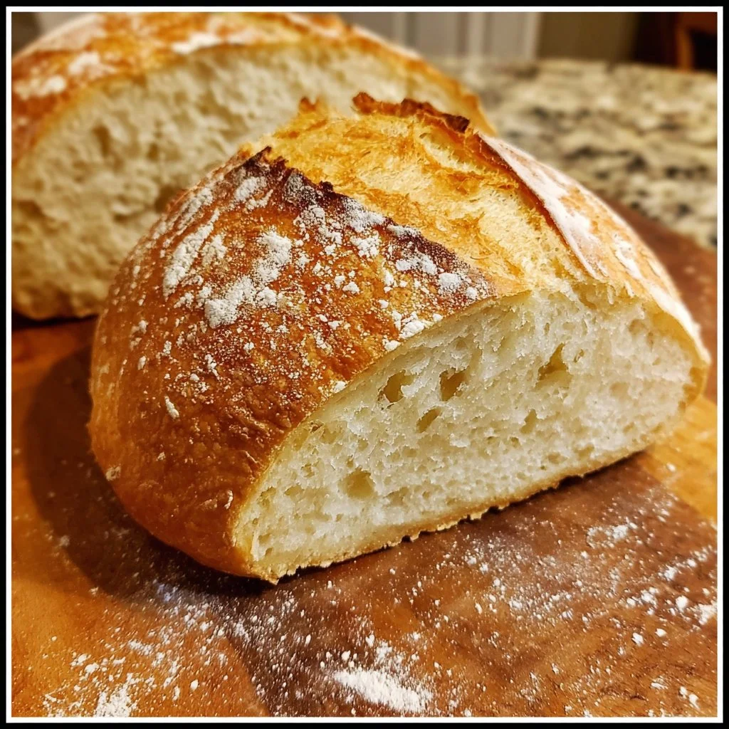 Loaf of no knead gluten free bread, freshly baked and sliced.