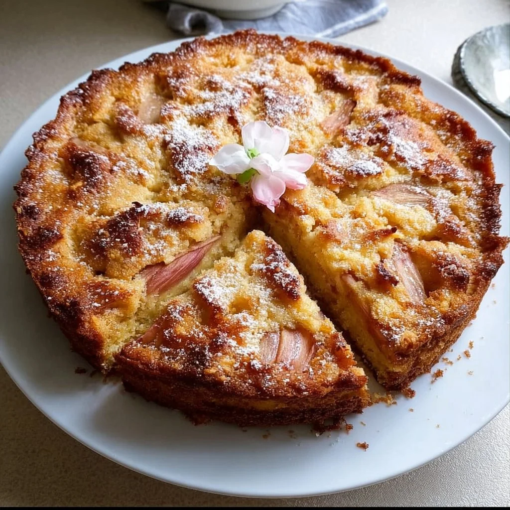 Old-fashioned Norwegian rhubarb cake topped with fresh rhubarb and a sprinkle of sugar.