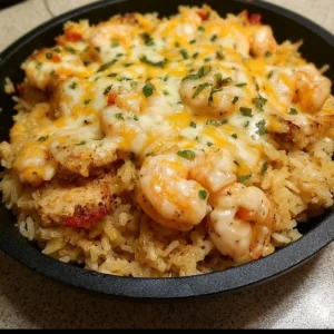 One-Pan Cheesy Chicken & Shrimp Rice Skillet with melted cheese and fresh ingredients