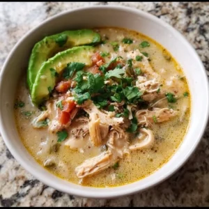 Bowl of Paleo White Chicken Chili with fresh herbs and ingredients
