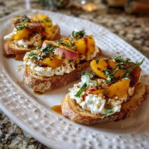 Delicious Peach Burrata Crostini topped with hot honey and parmesan cheese.
