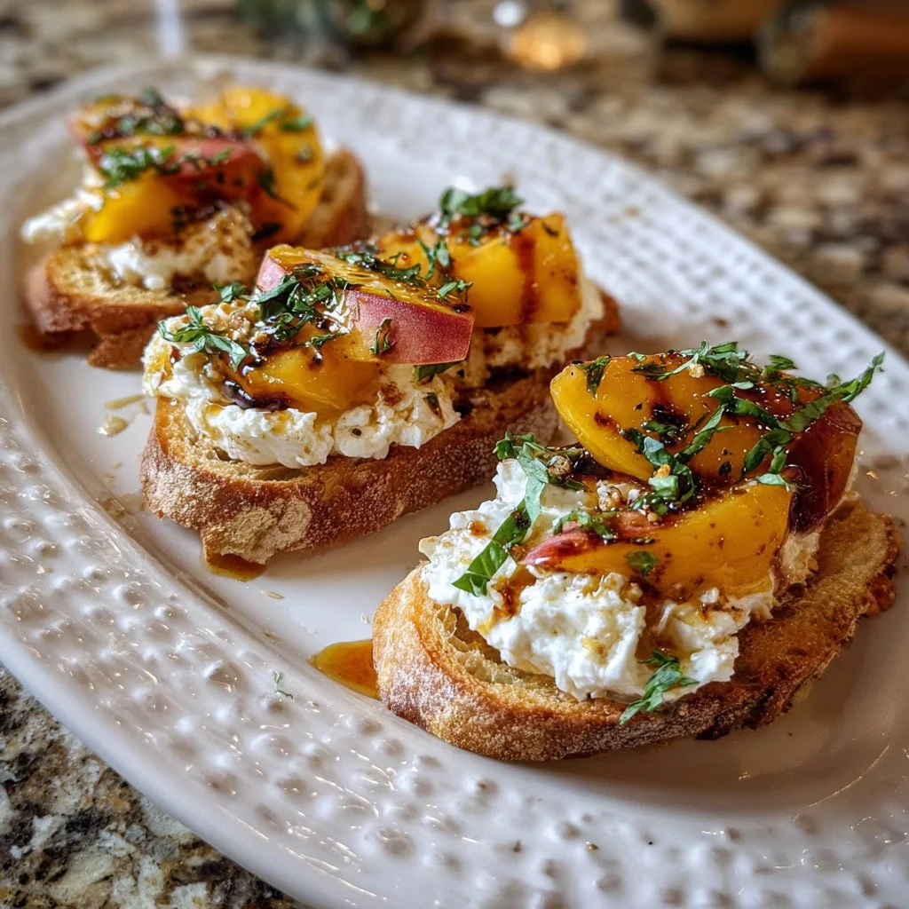 Delicious Peach Burrata Crostini topped with hot honey and parmesan cheese.
