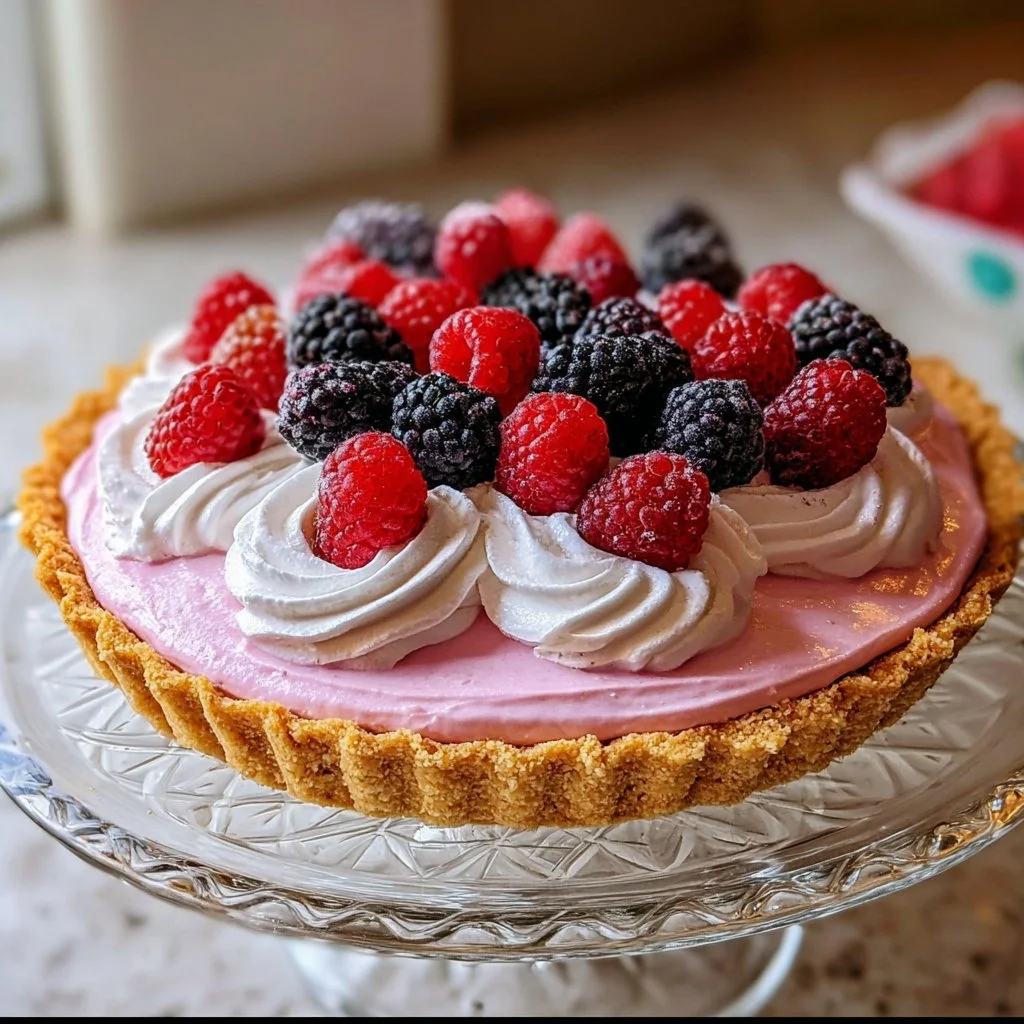 Delicious Pink Berry Cream Cheese Pie topped with fresh berries.
