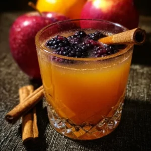 A dark and moody image of poisoned apple cider in a rustic glass jug.