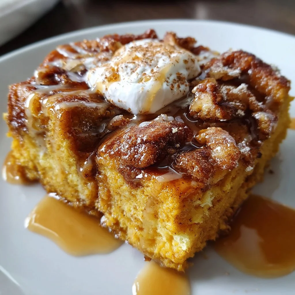 Delicious Pumpkin French Toast Casserole garnished with maple syrup and cinnamon.
