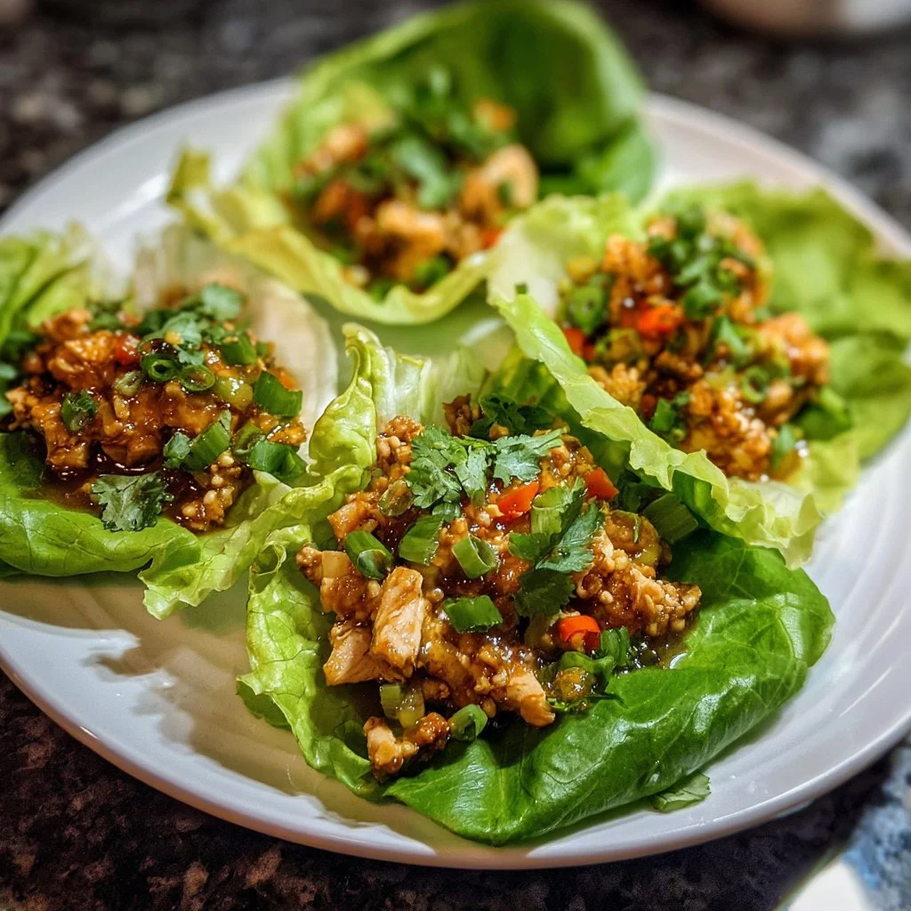 Quick chicken lettuce wraps with fresh ingredients served on a plate