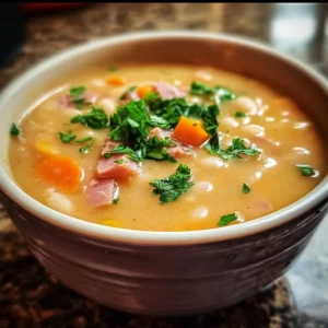 Bowl of quick and easy white bean ham soup garnished with herbs.