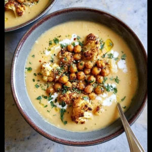 Bowl of roasted cauliflower and chickpea soup topped with fresh herbs.
