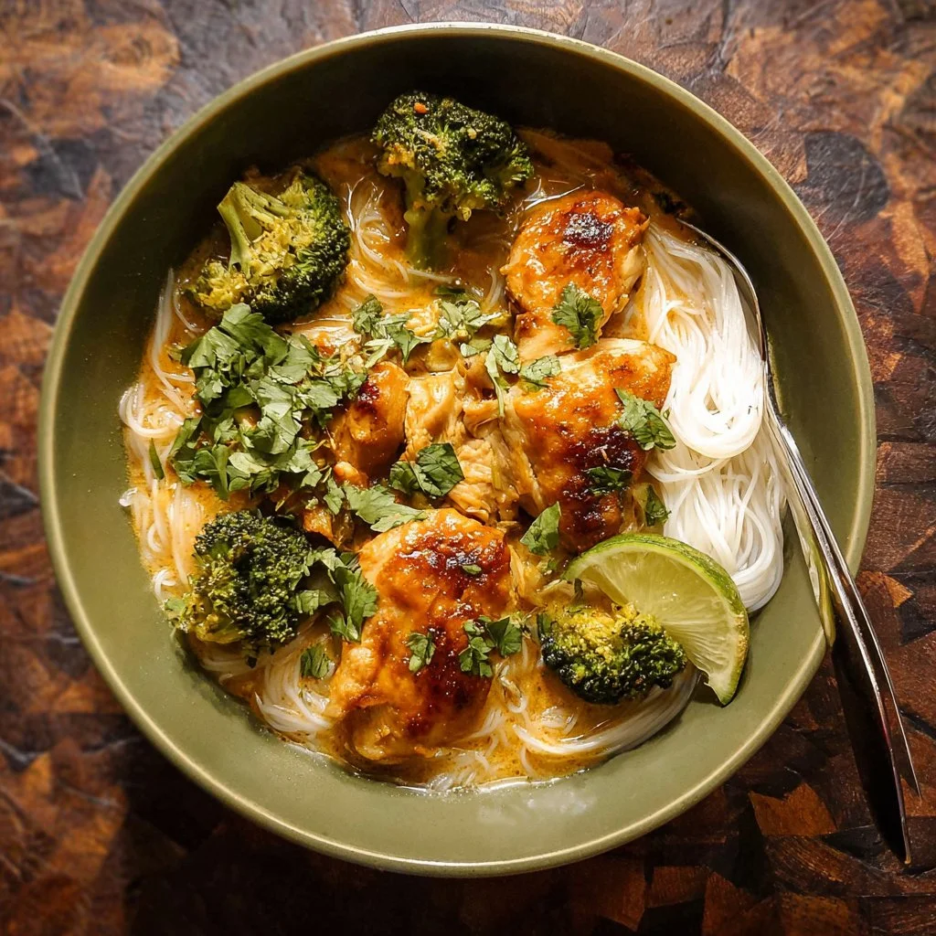 Delicious saucy coconut braised chicken served with rice noodles and broccoli