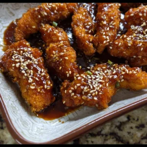 Crispy Sesame Chicken Tenders drizzled with sesame sauce and garnished with sesame seeds.