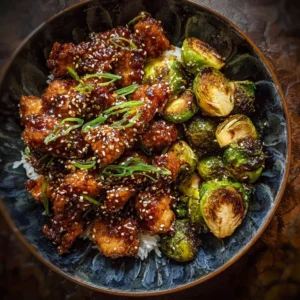 Sheet pan of sticky ginger sesame chicken with crispy Brussels sprouts