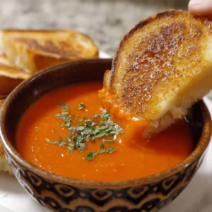 A bowl of simple homemade tomato soup garnished with fresh basil and croutons.