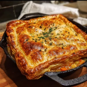 Skillet Tomato Cheddar Chicken Pot Pie topped with flaky crust and melted cheddar cheese