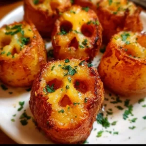 Skull-shaped potato bites ready to be served at a party.