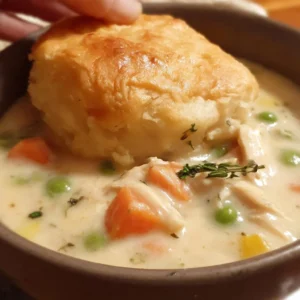 Bowl of slow cooker chicken pot pie soup garnished with herbs