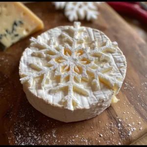 Delicious Snowflake Brie cheese on a serving platter with festive decorations