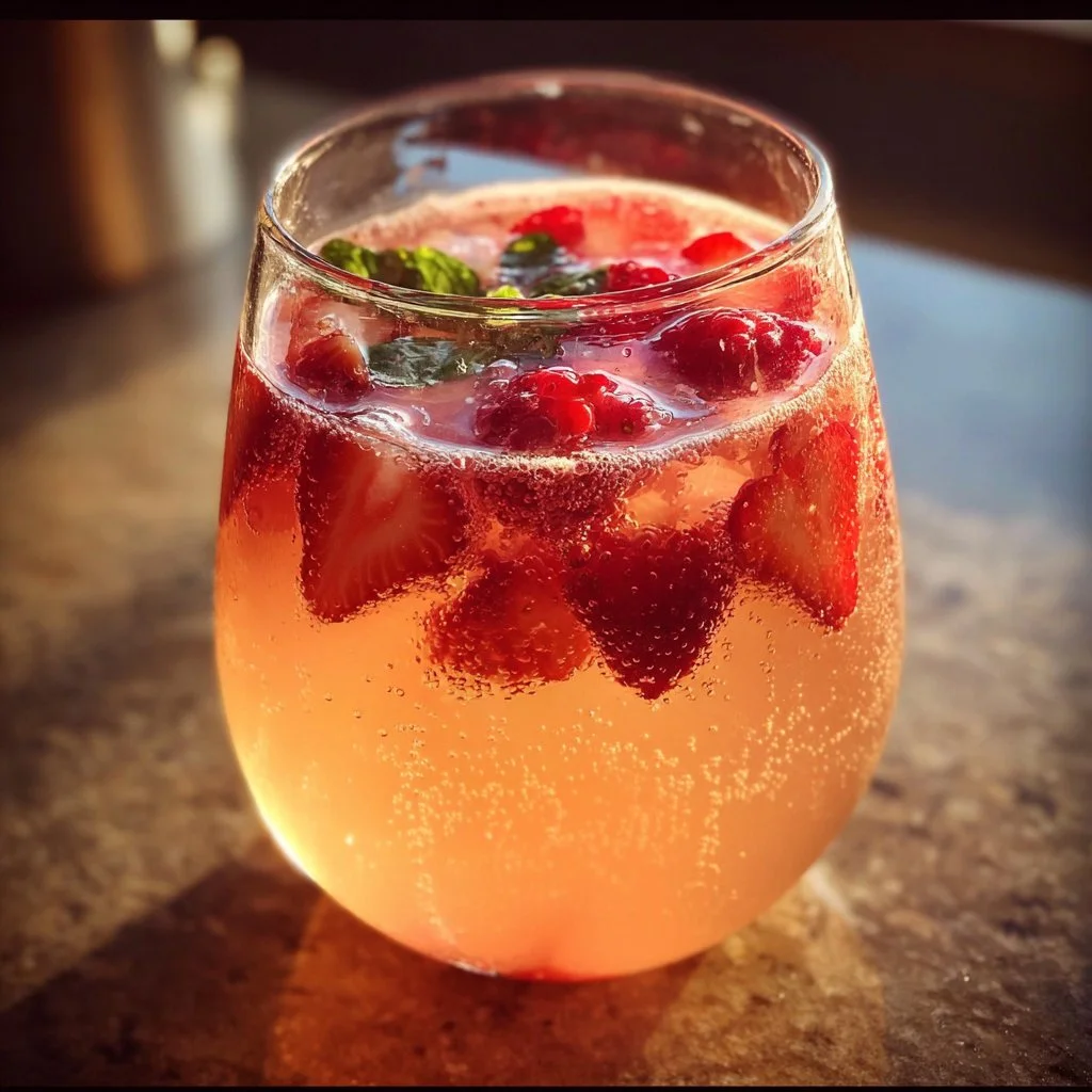Sparkling Moscato Punch in a glass with fruit garnishes