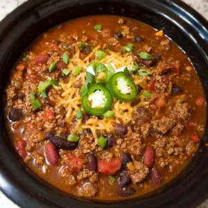 Bowl of spicy crockpot chili topped with cheese and cilantro