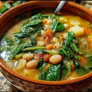 Bowl of spinach, lentil, and butter bean soup garnished with herbs
