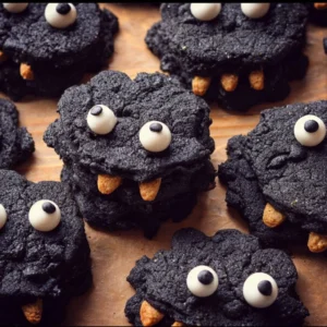 Spooky black Halloween monster cookies decorated for a festive celebration