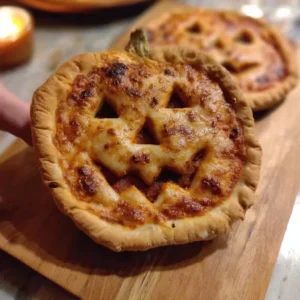 Delicious Halloween-themed pumpkin pizza topped with cheese and herbs.