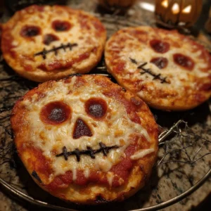 Spooky pizzas decorated for Halloween with creepy toppings and designs.