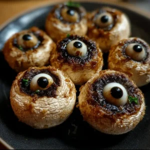 Spooky stuffed mushroom eyeballs for Halloween party appetizer