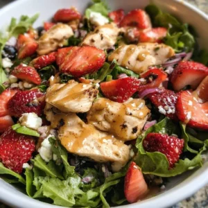 A vibrant Strawberry Chicken Salad featuring fresh strawberries and grilled chicken.