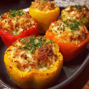 Colorful stuffed peppers filled with rice, vegetables, and spices on a plate