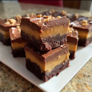 Decadent Buckeye Brownies topped with creamy peanut butter frosting