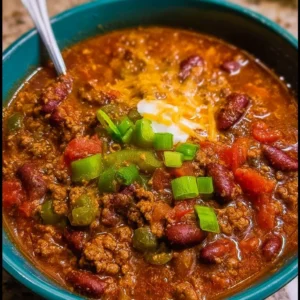 Bowl of the best chili recipe with beans, meat, and spices garnished with cilantro