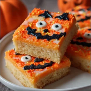 Festive Halloween sugar cookie bars decorated with colorful icing and sprinkles