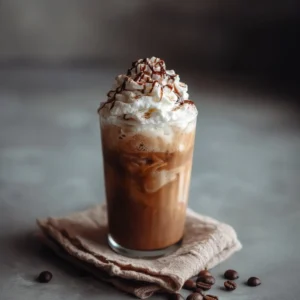 Delicious homemade iced mocha coffee in a glass with chocolate and whipped cream