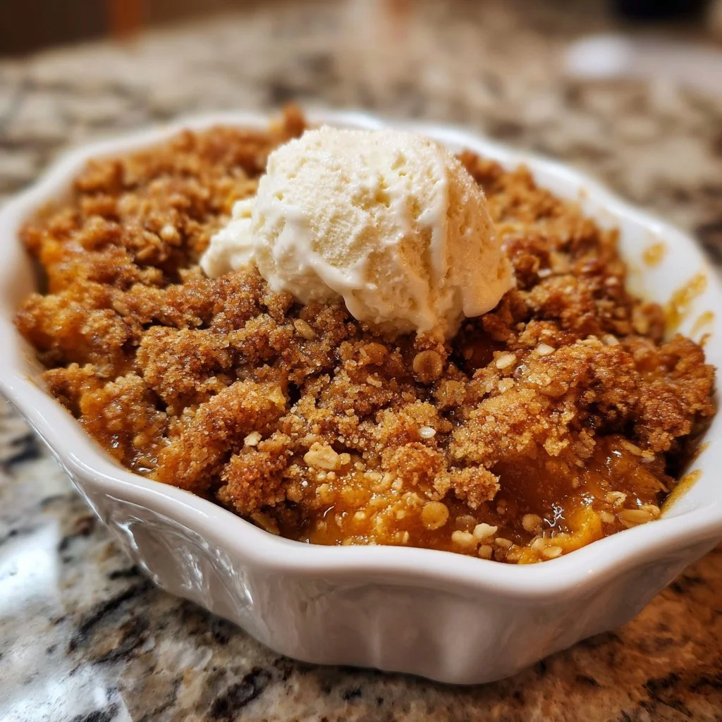 Delicious pumpkin crisp dessert topped with crunchy oats and spices