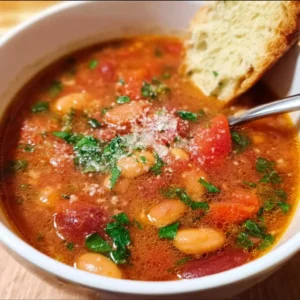 Bowl of delicious homemade Tomato Bean Soup with fresh herbs and spices.