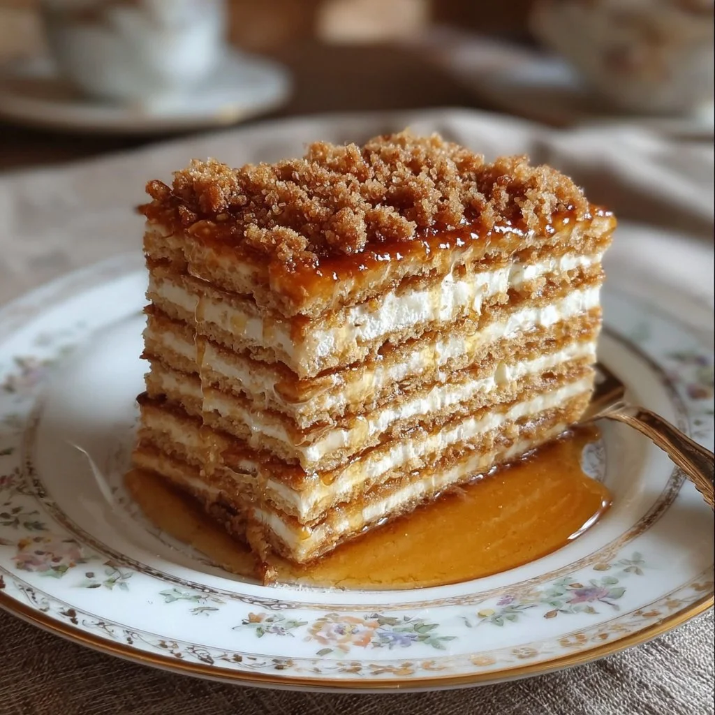 Traditional Medovik honey layer cake with rich honey flavor and multiple layers.
