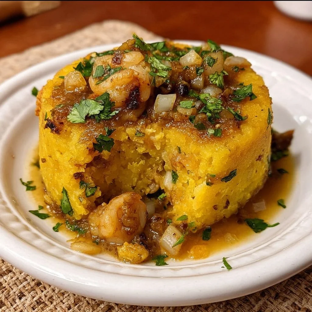 Traditional Puerto Rican Mofongo served with garlic sauce on a plate