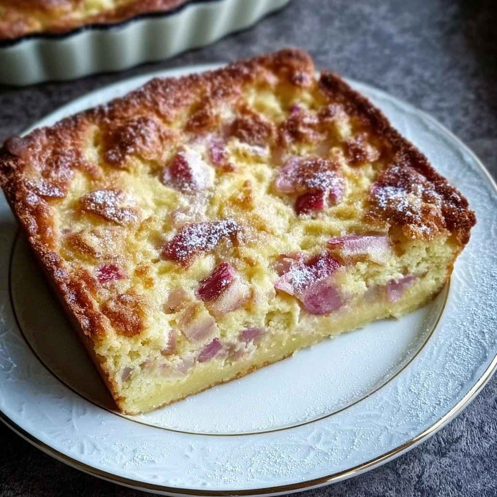 Traditional Rhubarb Custard Cake with a golden crust and rhubarb filling